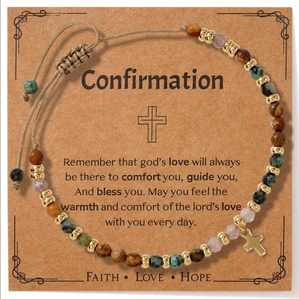 Confirmation Beaded Bracelet Gold Tone Cross Charm Adjustable NWT Gifts for Her